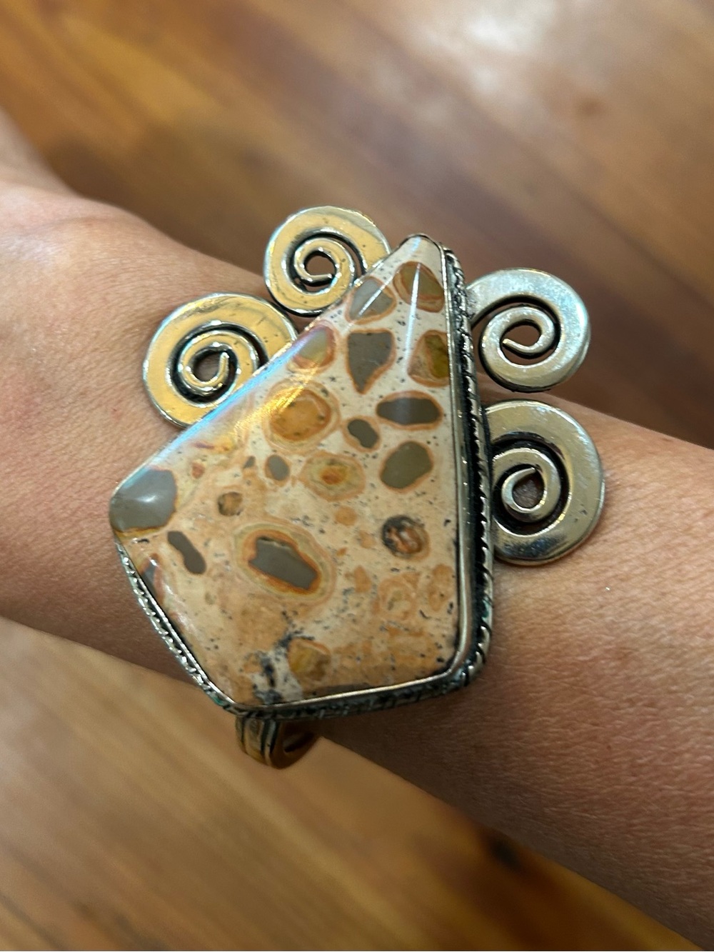 Sterling Silver Beige Jasper Statement Cuff Bracelet